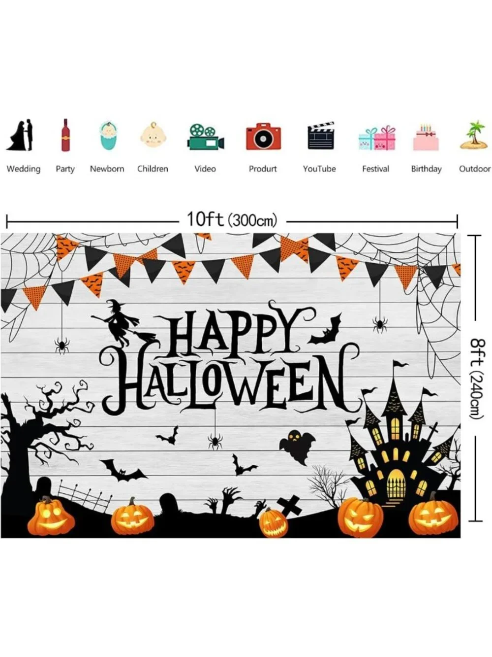 10x8ft Halloween Backdrop - Spooky Pumpkin, Ghost & Castle Decor for Parties